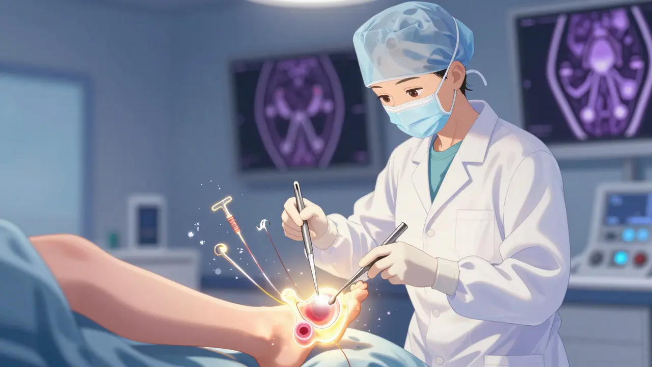 A surgeon performs hip arthroscopy inside a glowing joint, with shimmering bioabsorbable anchors and 3D MRI visuals in the background.