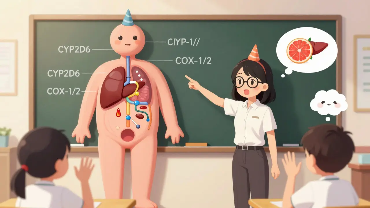 A teacher explains drug interactions using a cartoon human body with labeled enzymes wearing hats.