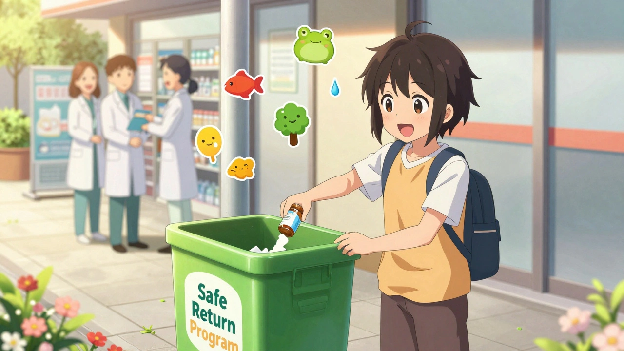A teen drops medicine into a pharmacy take-back bin surrounded by smiling staff and happy nature icons.