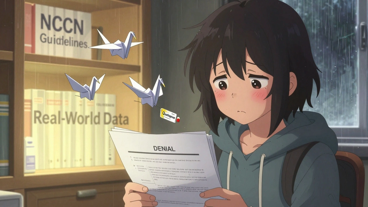 A teen surrounded by insurance denial letters turning into paper cranes, one carrying a quetiapine pill.