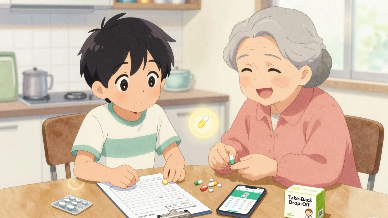 A teenager helping an elderly woman sort pills at the kitchen table with a log sheet and take-back box.