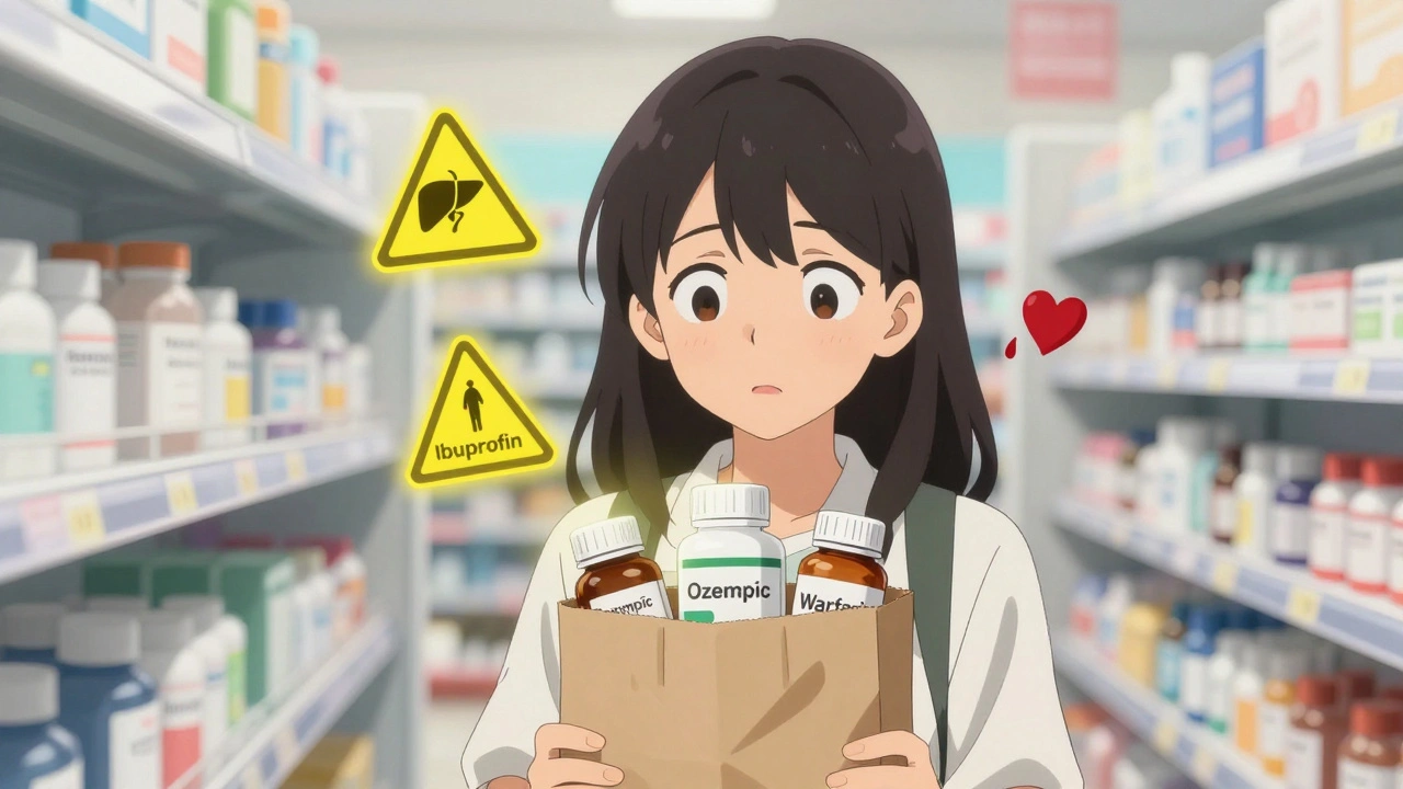 A woman stands in a pharmacy, staring at medicine bottles with glowing warning signs above them, holding a brown bag.