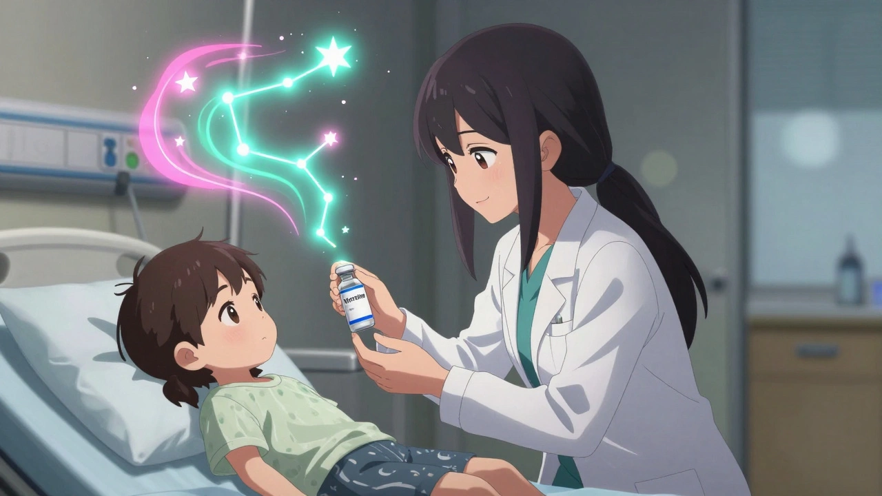 An oncologist comforting a child in bed, holding a vincristine vial with glowing treatment icons above them.