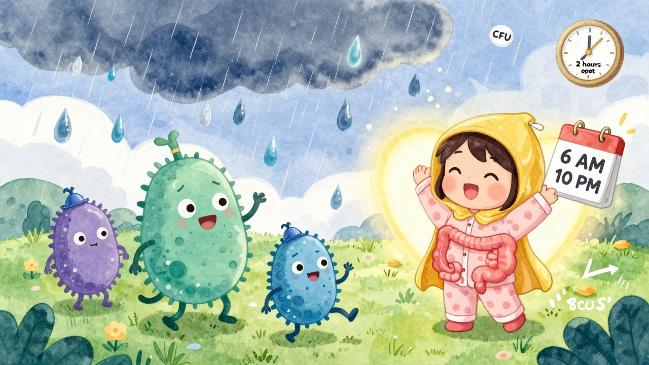 Cartoon gut bacteria dodging antibiotic rain, with yeast thriving while a girl watches from above.