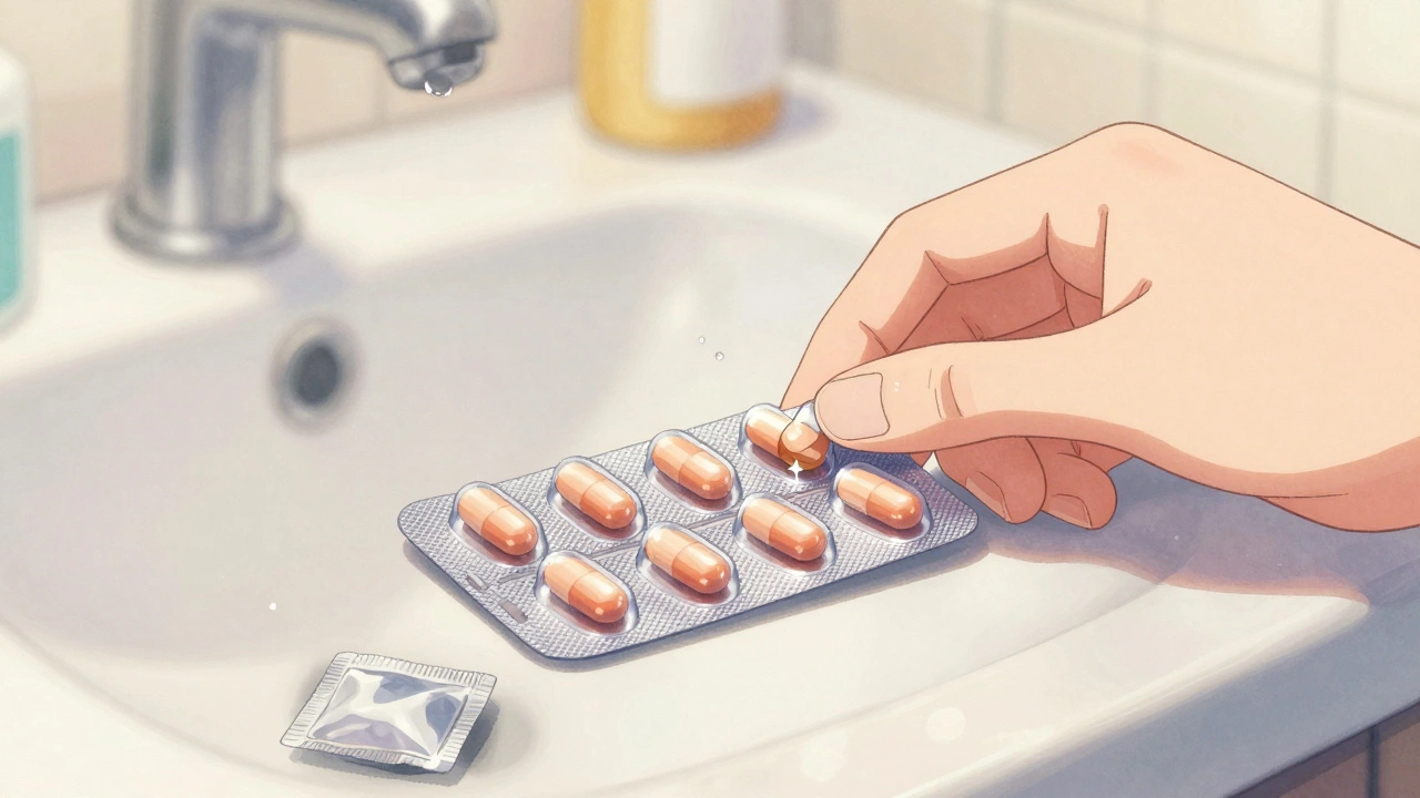 Close-up of a blister pack and desiccant packet with moisture dissolving in the background.