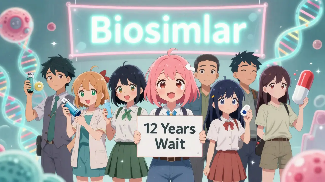 Diverse characters holding complex drug devices under a biosimilar banner, with glowing biological elements around them.