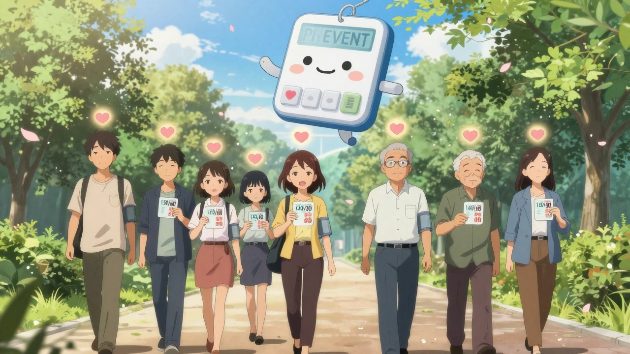 Diverse people walking in a park holding personalized blood pressure goals, with a glowing risk calculator above.