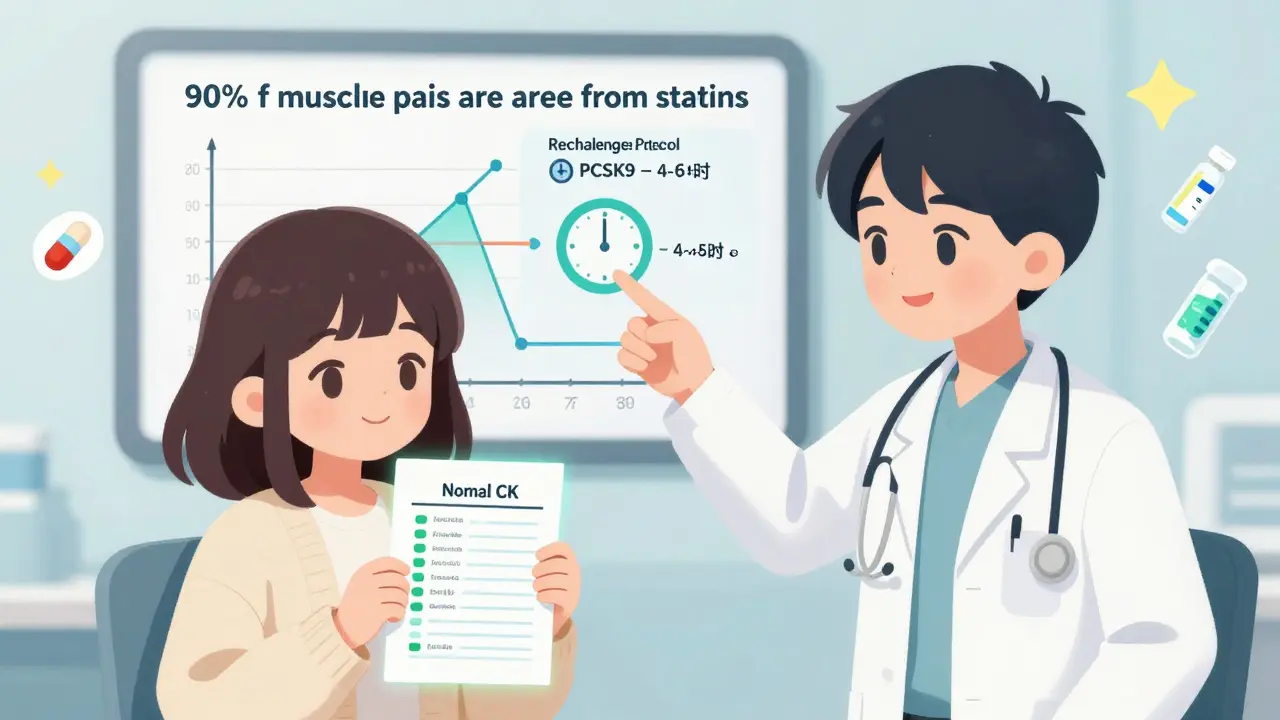 Doctor and patient in clinic with blood test and rechallenge chart, hopeful mood in pastel tones