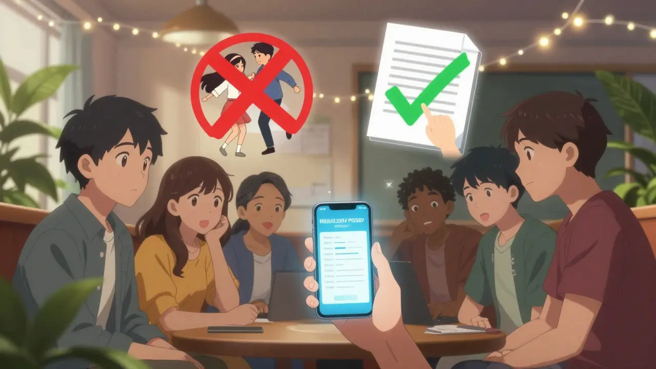 Friends in a dorm discussing a healthcare proxy form on a smartphone.