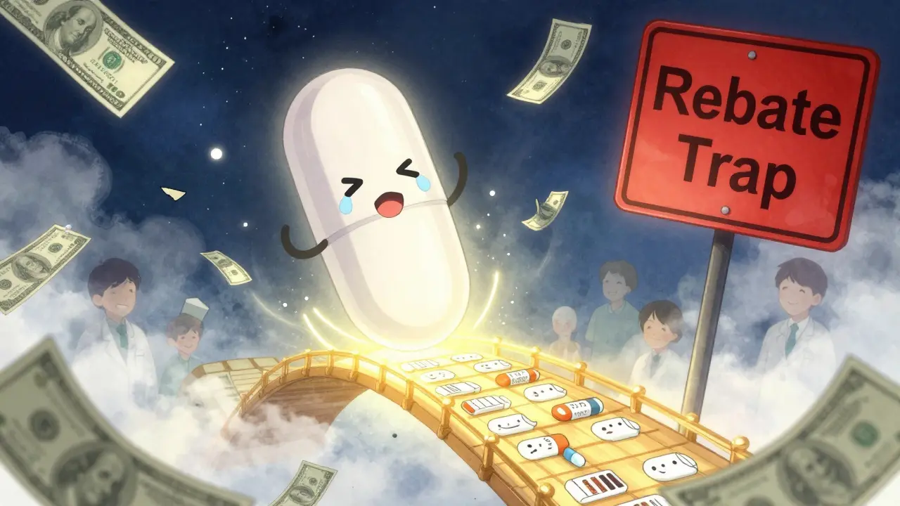 Generic pill floating amid falling money and a rebate trap warning.