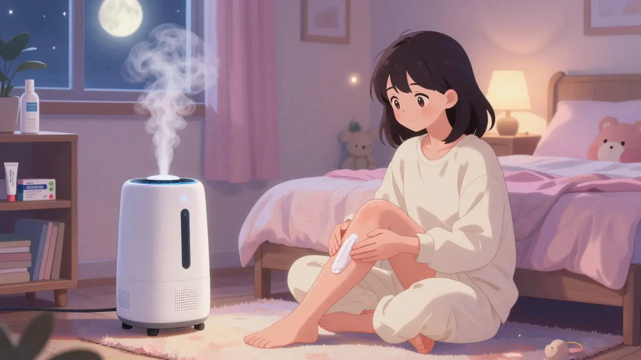 Girl in pajamas applying lotion to her thighs at night, humidifier steaming nearby, moonlight through the window.
