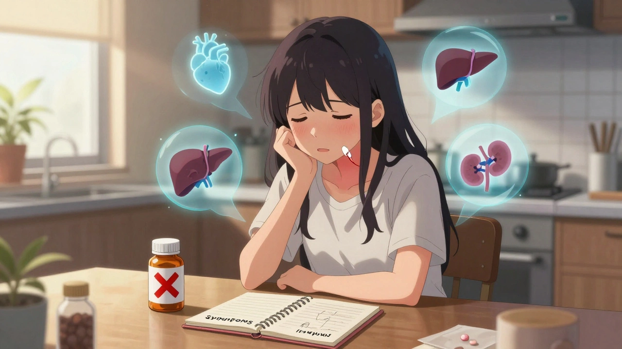 Girl with fever and swollen glands, floating organ icons warning of DRESS syndrome, medication bottle with red X on table.