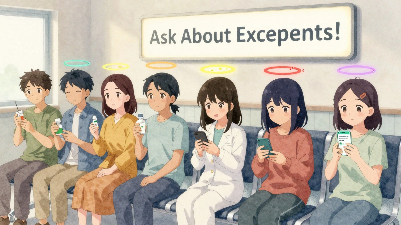 Group of patients in clinic with personalized allergen halos, one checking a medication app on phone.