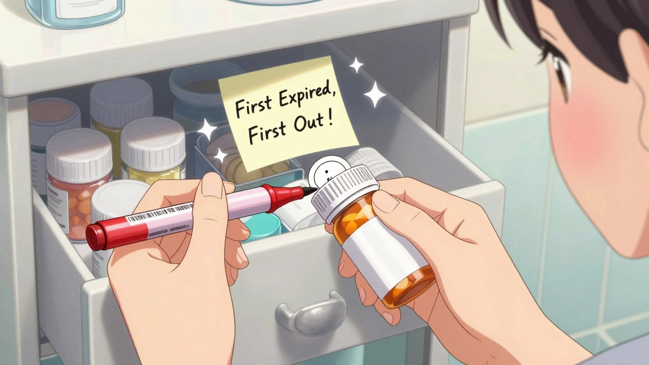 Hands circling an expiration date on a pill bottle with a sticky note saying &#039;First Expired, First Out!&#039;
