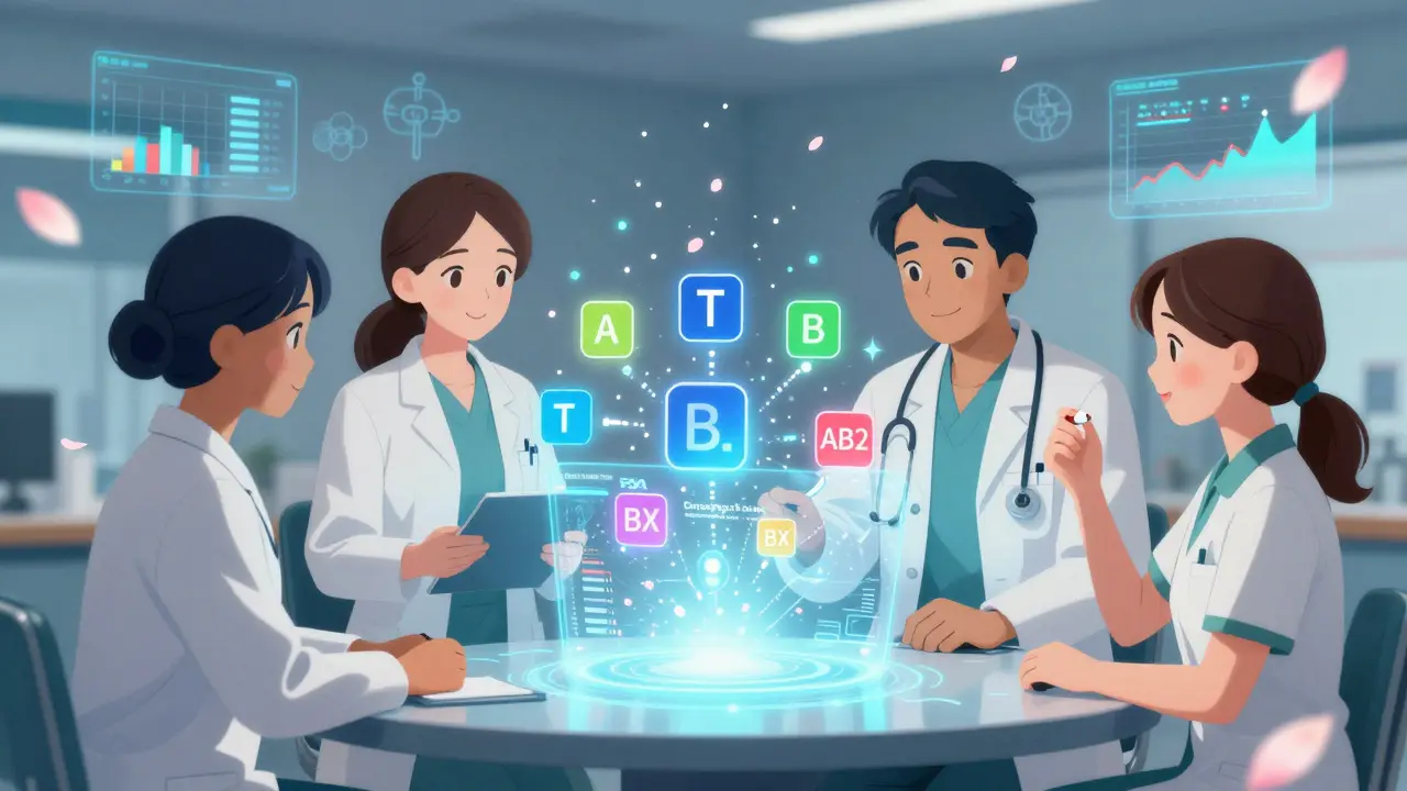 Healthcare workers gather around a holographic Orange Book with floating TE codes in anime moe style.