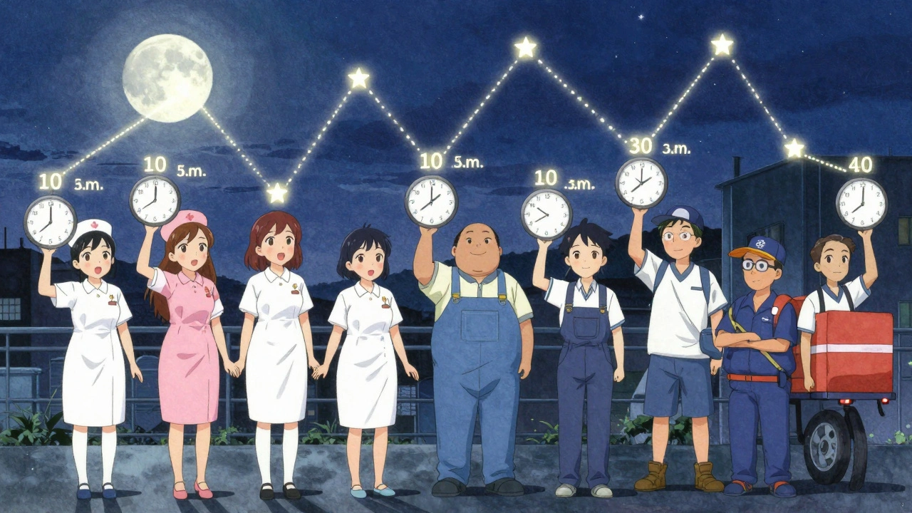 Night shift workers under the moon with glowing 10-hour eating windows above them.