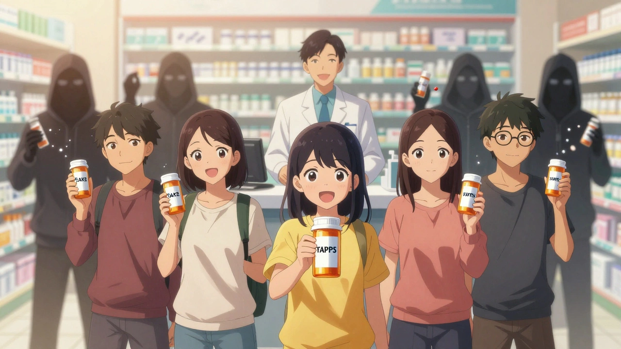 People holding verified medicine bottles beside a licensed pharmacist, while fake sellers fade into smoke.