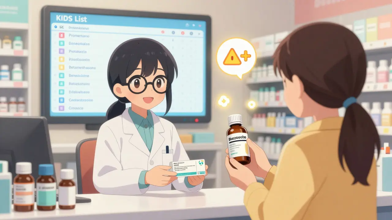 Pharmacist handing prescription to parent with KIDs List on screen