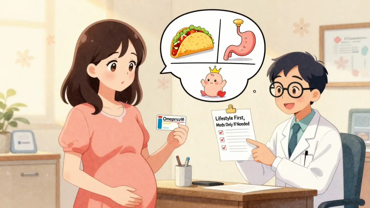 Pregnant woman in doctor's office holding omeprazole prescription with a three-panel lifestyle comic above.