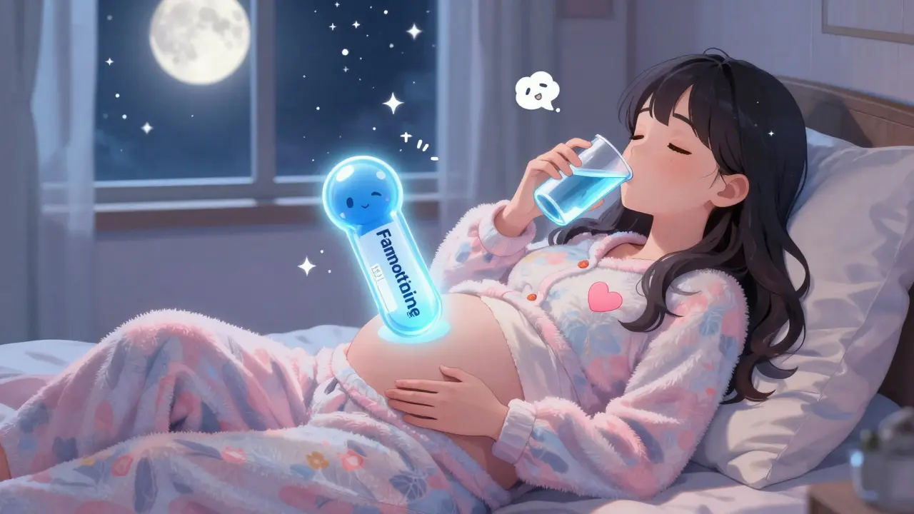 Pregnant woman sleeping comfortably with a wedge pillow, glowing famotidine molecule above her stomach at night.