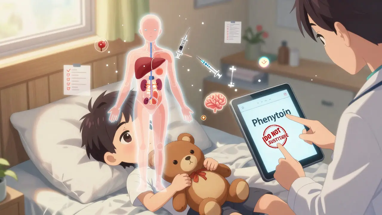 Sick boy in bed with body comparison overlay showing pediatric drug risks