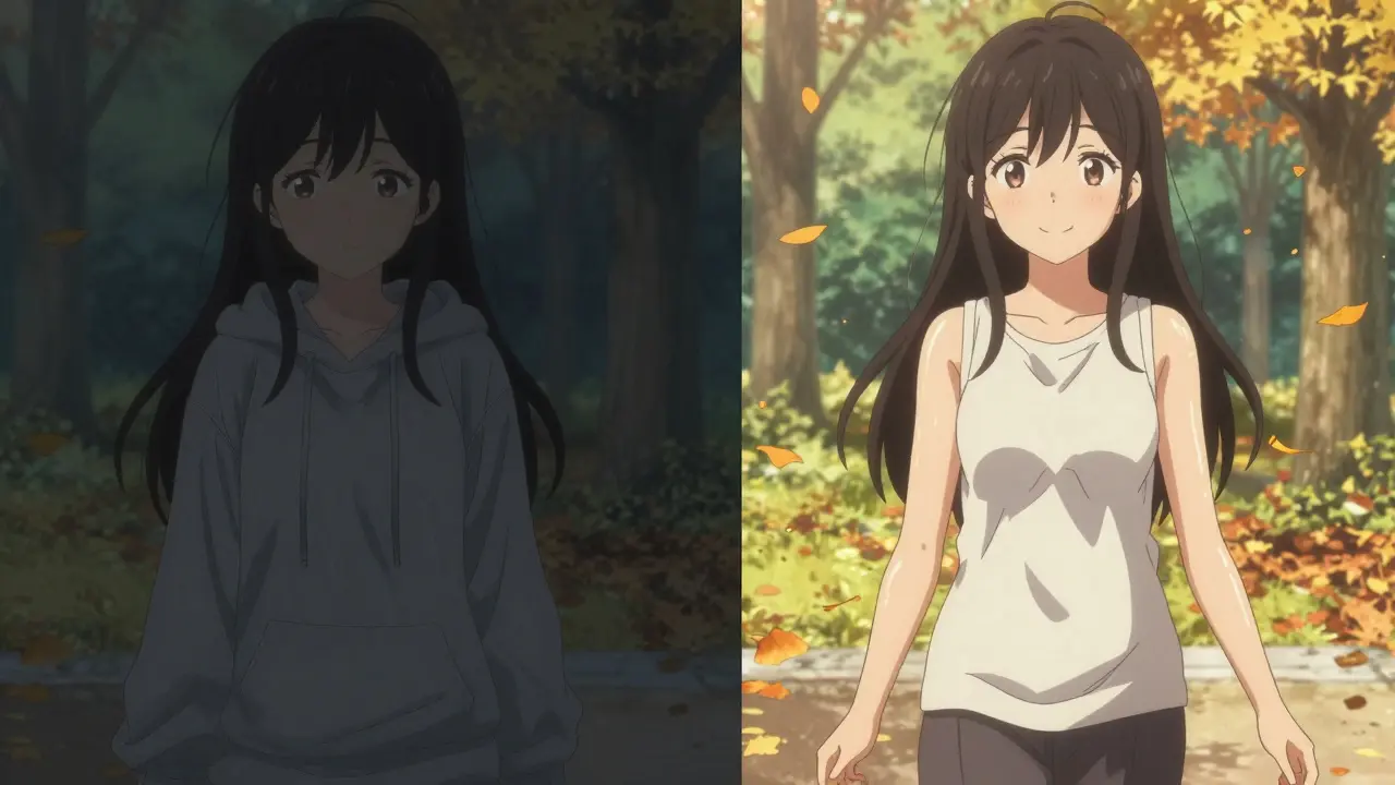 Side-by-side: girl in hoodie looking shy vs. same girl in sleeveless top smiling confidently in a sunlit park.
