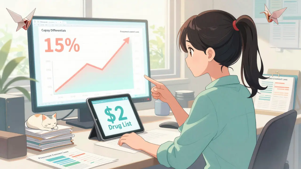 State analyst studying drug cost charts with a  Drug List on a tablet.