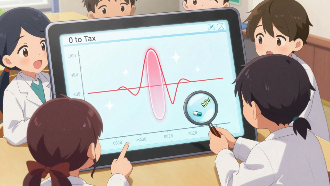 Students examine a pharmacokinetic graph on a tablet screen, focusing on a glowing time window labeled &#039;0 to Tmax&#039;.