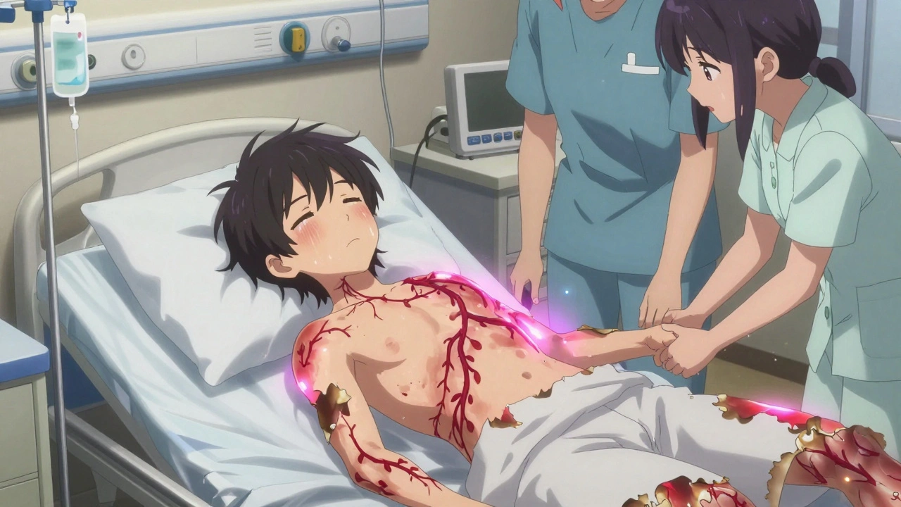 Teenager in hospital with peeling skin and rash, medical staff nearby, glowing red-purple symptoms spreading across body.