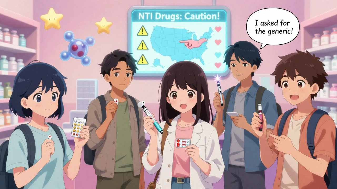 Teenagers discuss medications in a pharmacy lounge as a glowing chart highlights narrow therapeutic index drugs and biosimilars in anime style.