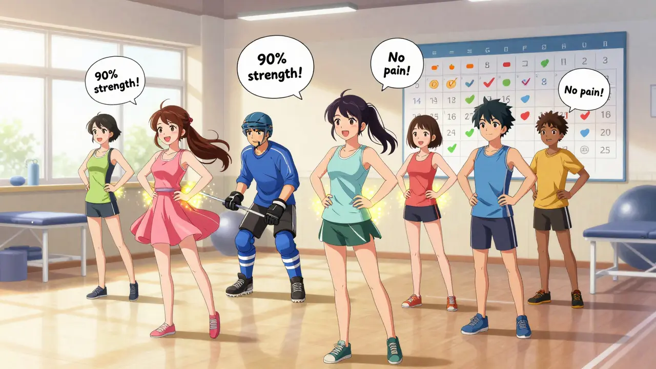 Three young athletes smile while doing rehab exercises, with healing sparkles and a progress calendar in a bright gym.