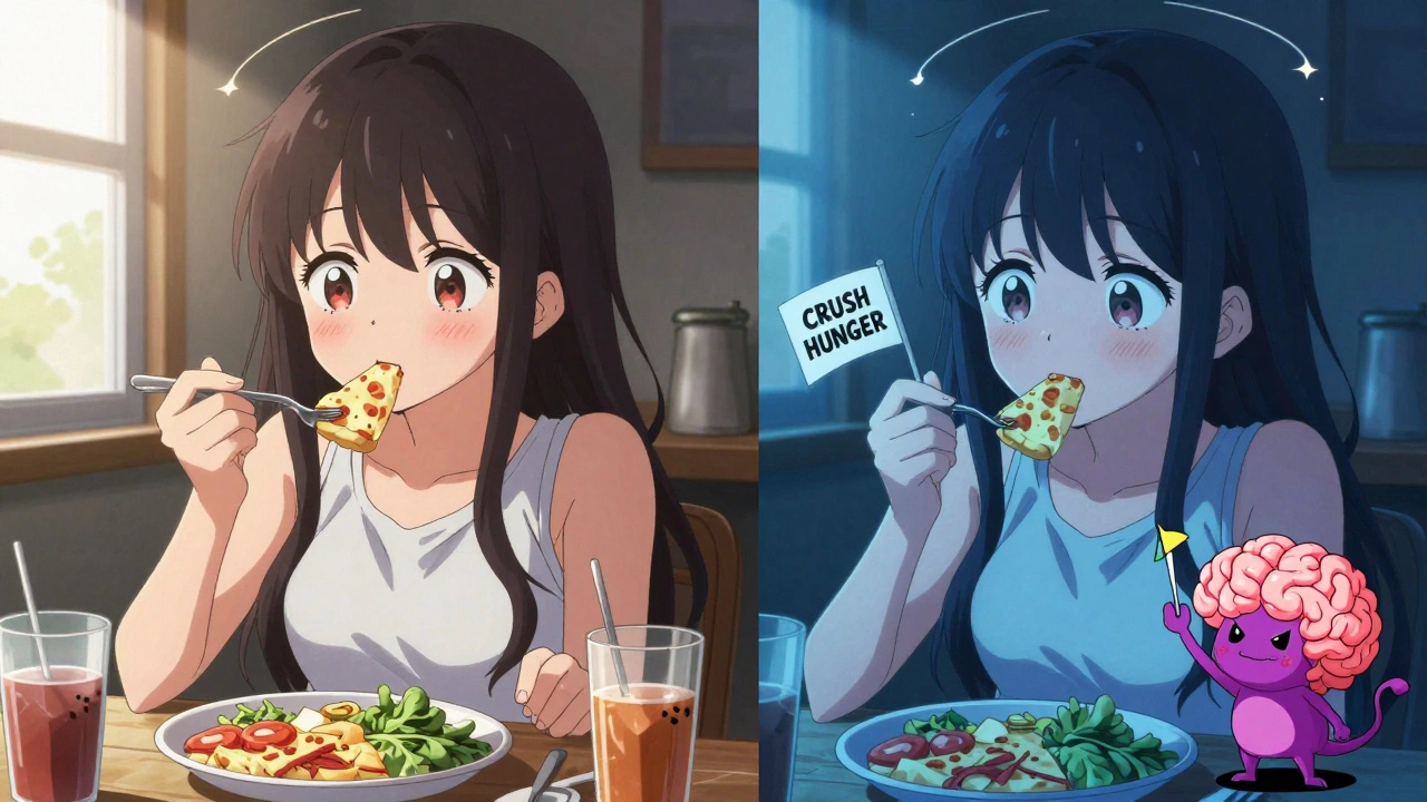 Two contrasting scenes: a girl eating healthy at sunset vs. craving junk food at night.