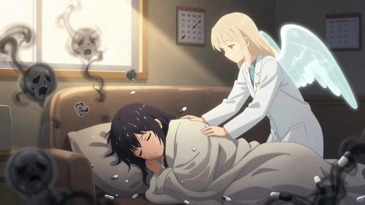 Woman curled on couch, dark smoke swirling around her as a medical angel offers comfort.