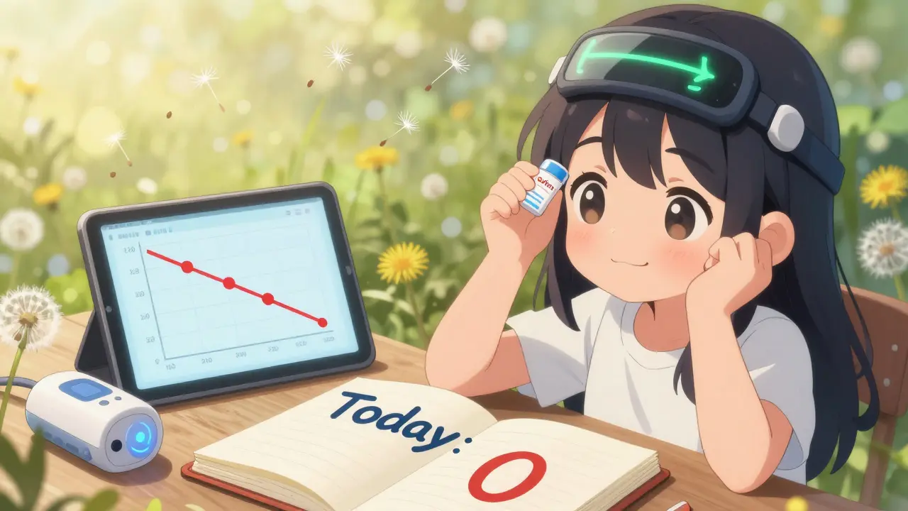 Woman smiling with preventive medication and a clean headache diary showing zero pain.