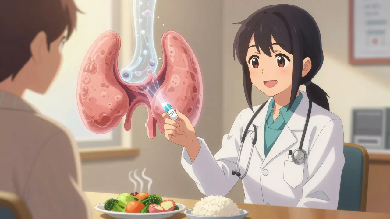 A doctor gives a patient a radioactive iodine capsule, with a glowing iodine trail leading to a thyroid gland.