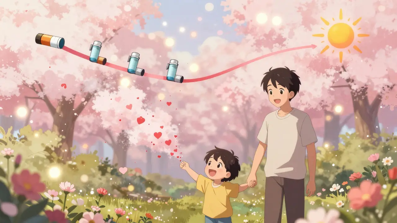 A family in a garden as pollen turns to hearts, symbolizing years of improved asthma health.