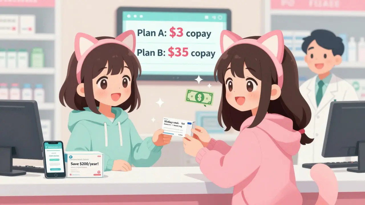 A girl receiving a low-cost prescription at a cute pharmacy with a savings comparison screen.