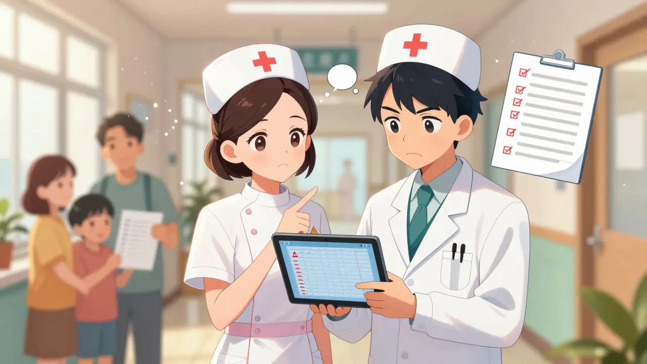 A nurse and doctor review a tablet with medication discrepancies, floating warning icons in a hospital hallway.