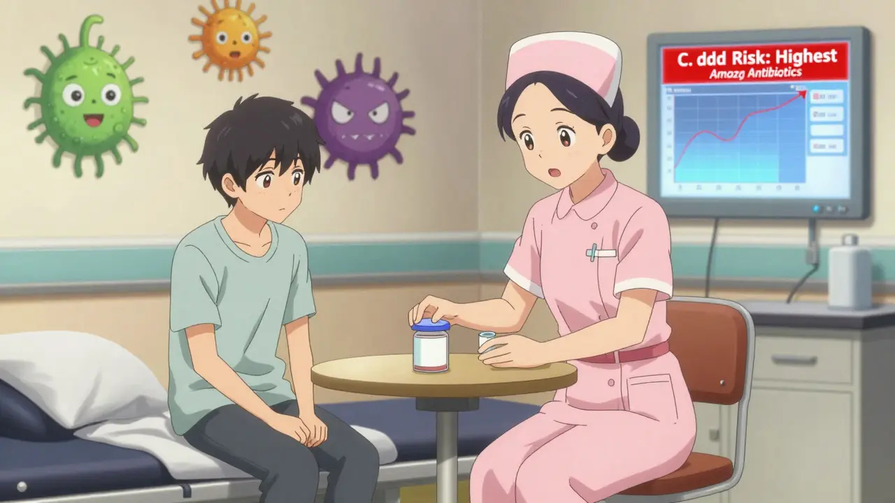 A nurse and patient in a cozy hospital room, with cartoon gut bacteria and a risk graph on the wall.