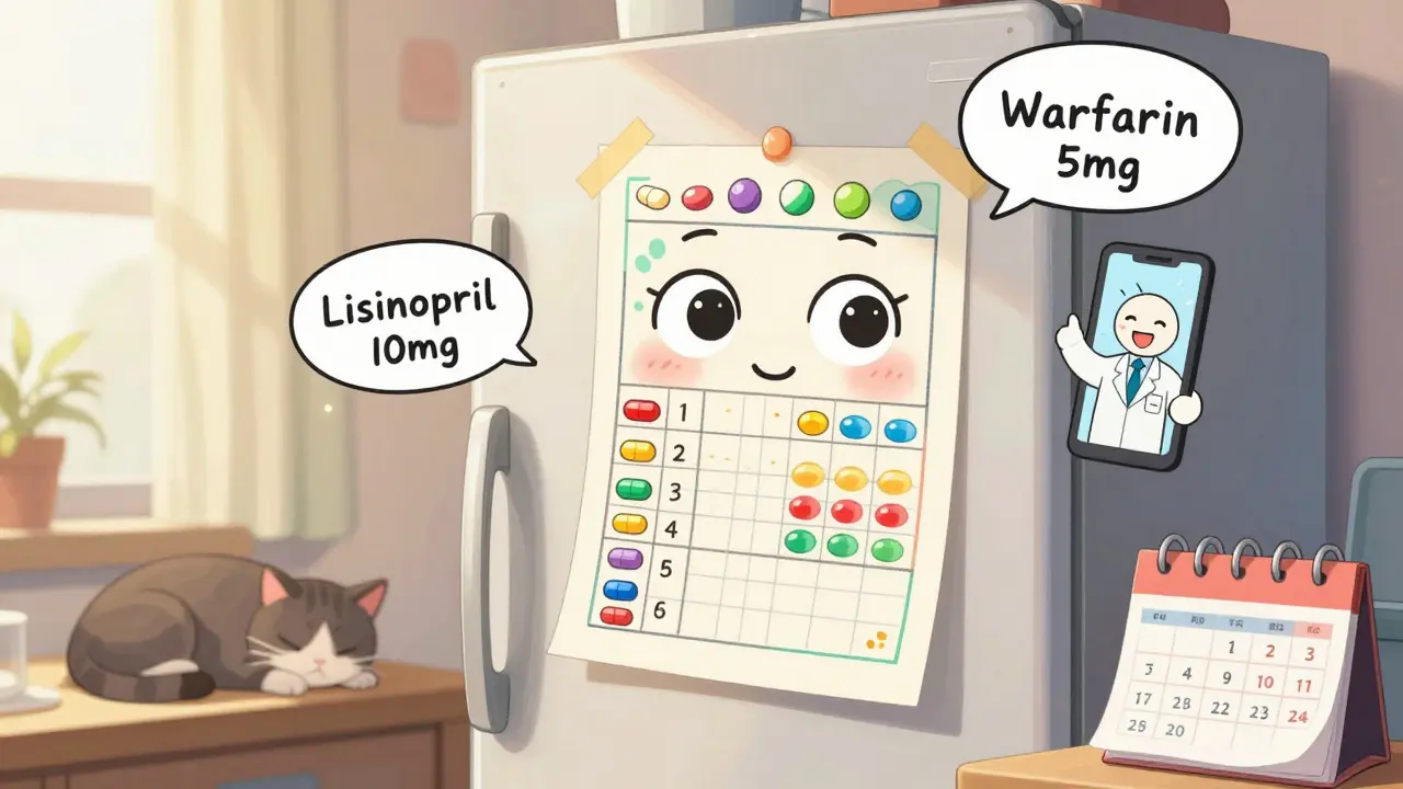 A patient holds a hand-drawn medication chart on their fridge, with floating pill labels and a smiling pharmacist on a phone screen.
