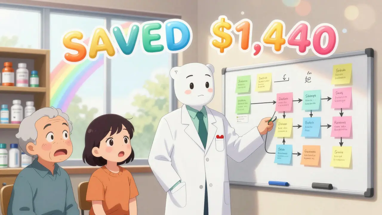 A pharmacist explains medication synchronization using a colorful whiteboard with connected prescription labels.