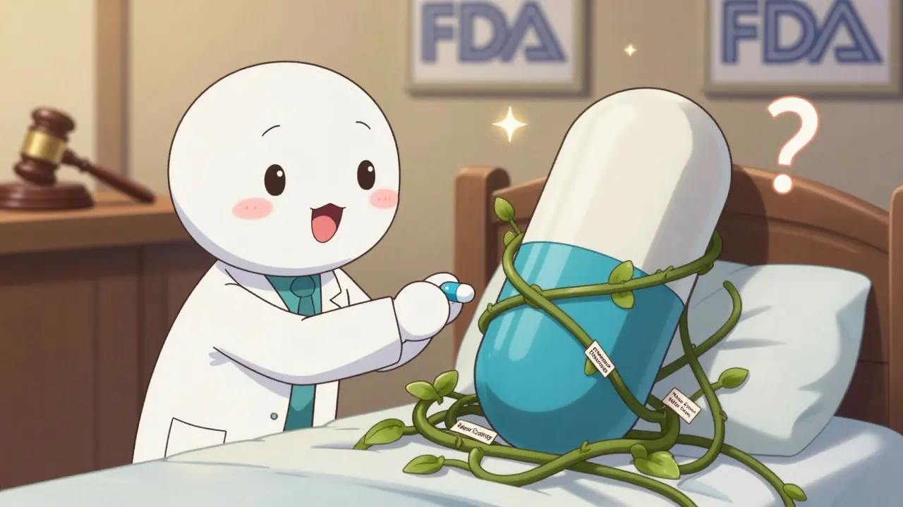 A scientist placing a small generic pill beside a large branded drug, surrounded by patent vines.