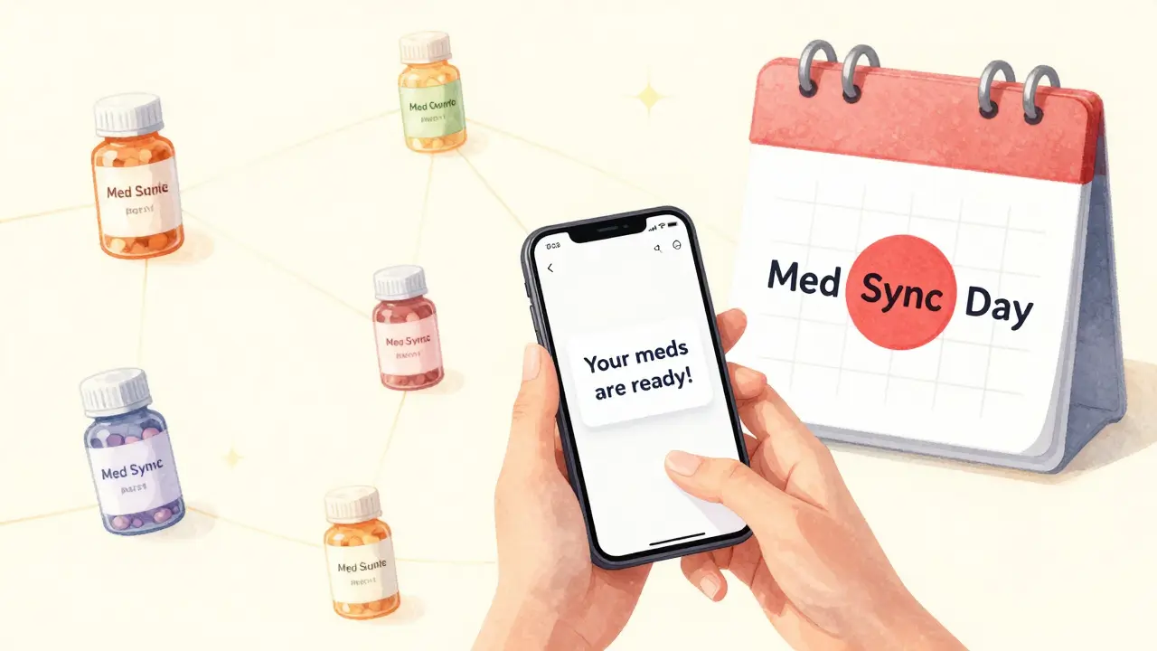 A smartphone shows a 'meds ready' notification next to a calendar with just one refill day marked.