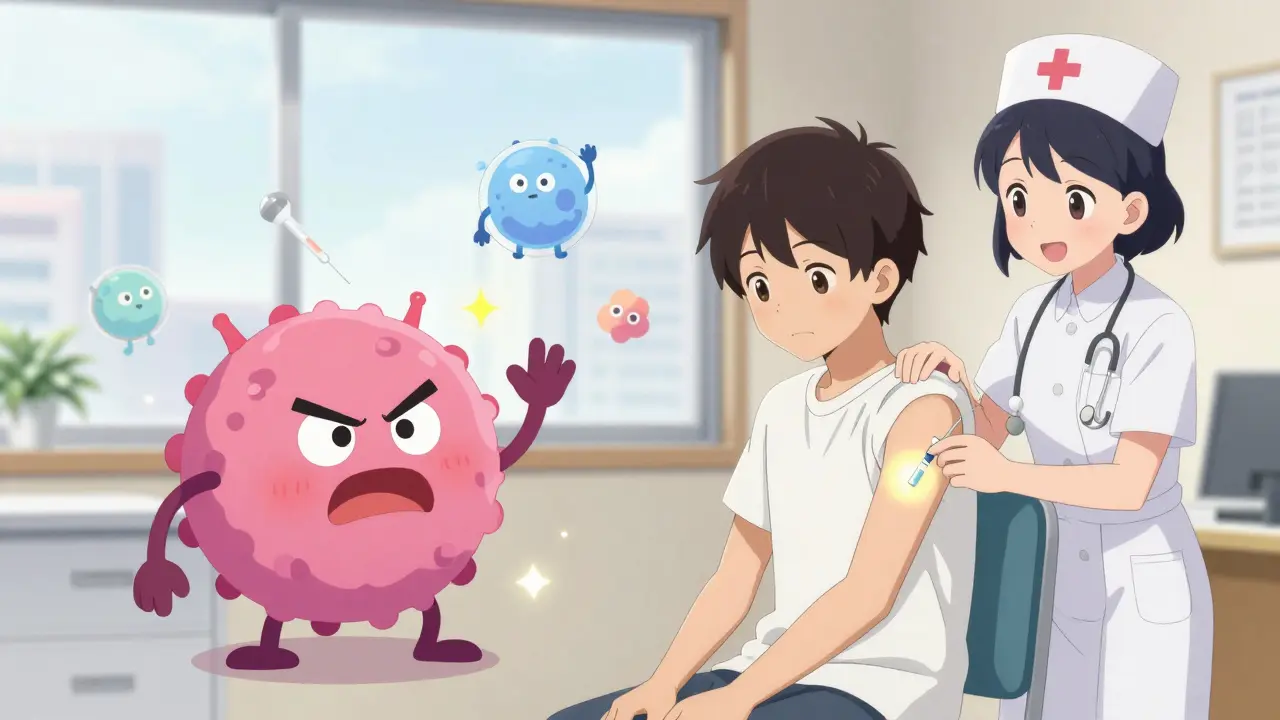 A teen receiving an allergy shot in a clinic as immune cells cheerfully defeat allergen monsters.