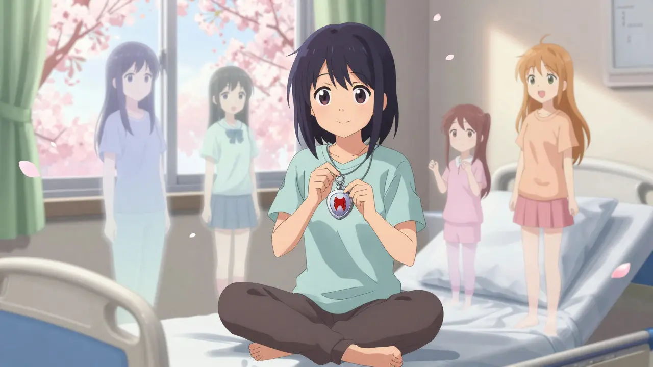 A teen sits on a hospital bed holding a locket with a thyroid, surrounded by versions of her future self.