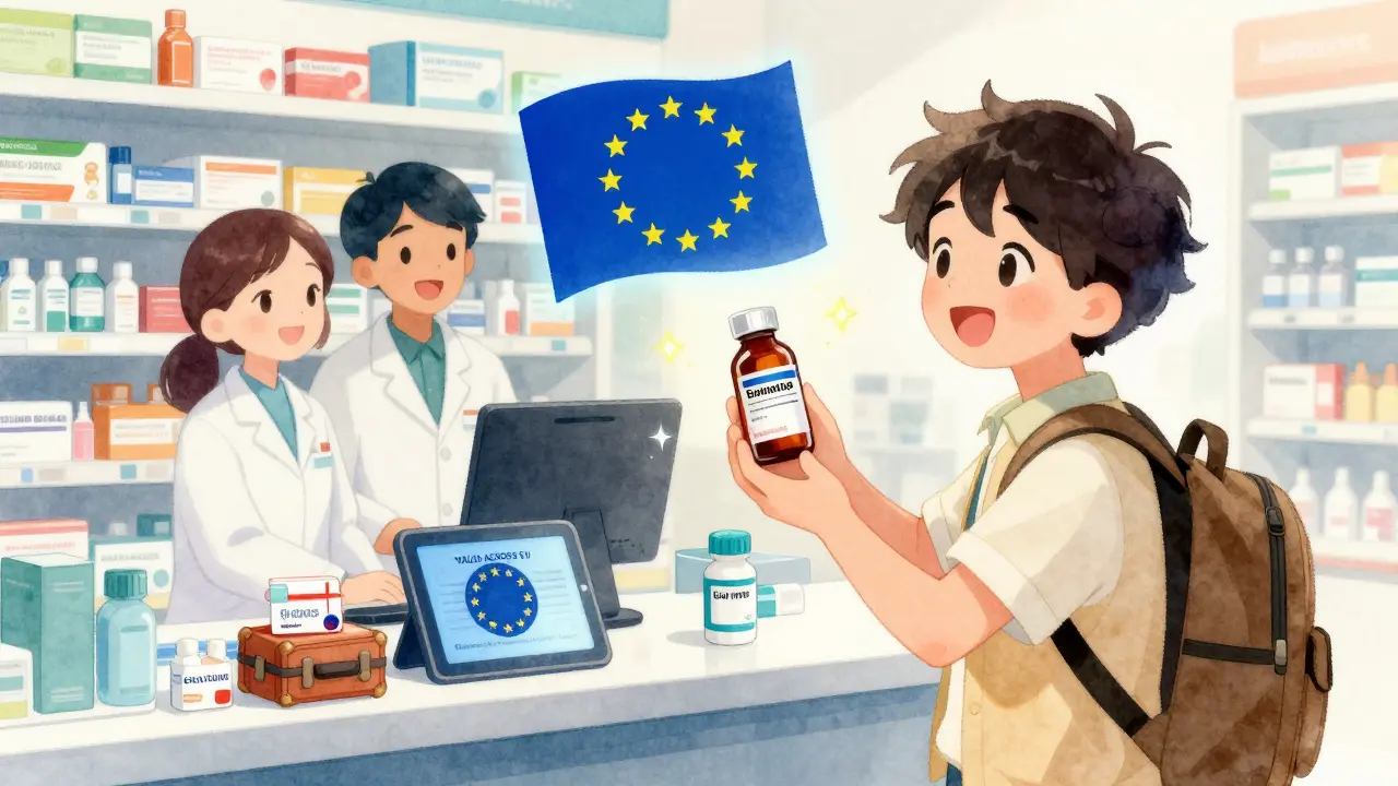 A traveler receives insulin at a European pharmacy with a glowing EU e-prescription and smiling staff.