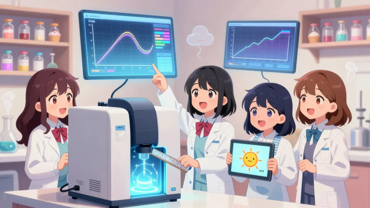 Adorable scientists celebrating Cmax and AUC data on glowing screens in a whimsical lab filled with candy-themed instruments.