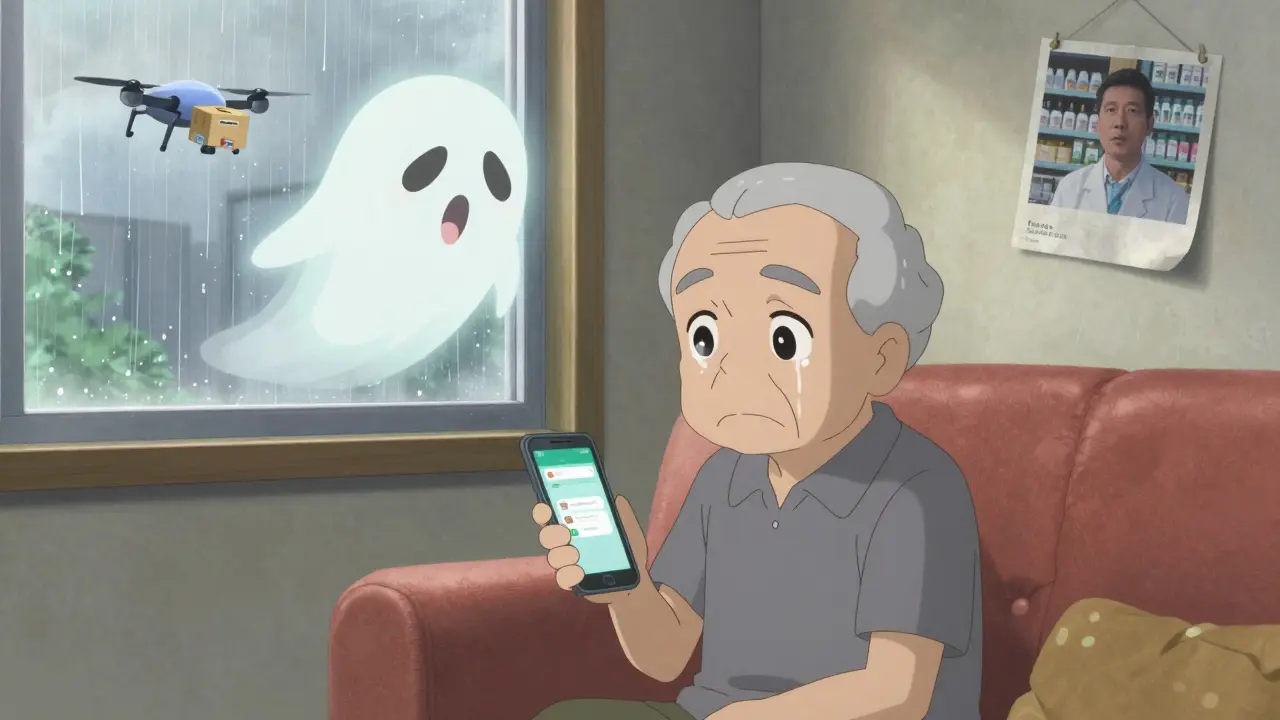 An elderly man stares at a confusing medication app on his phone, while a ghostly pill floats above him and a drone flies by outside his window.