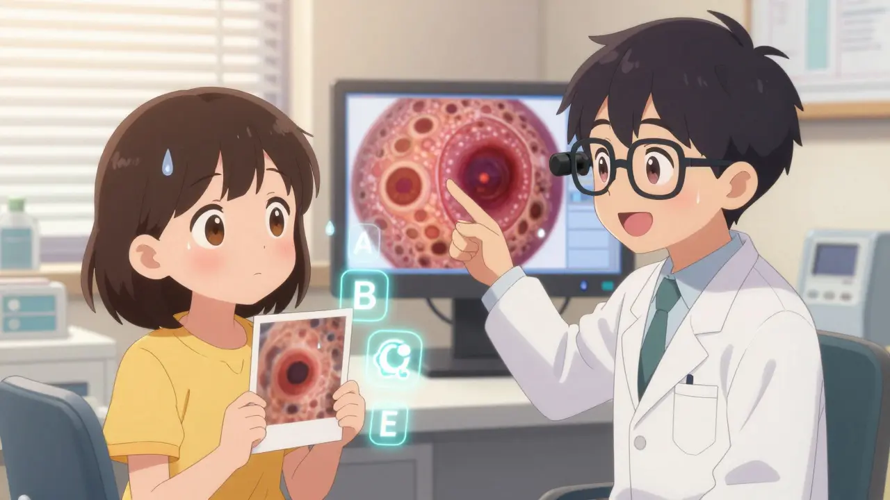 Dermatologist showing magnified mole image with ugly duckling symbol