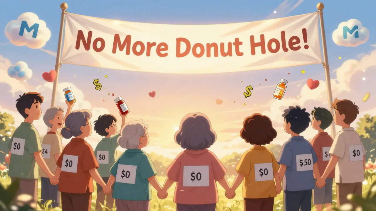 Diverse group of seniors holding medications with <h2>What’s Coming in 2026</h2> price tags, celebrating under a 'No More Donut Hole' banner.